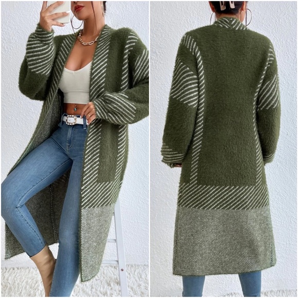 Cozy Color Block Stripes Fuzzy Open Front Cardigan - Picture 9 of 12